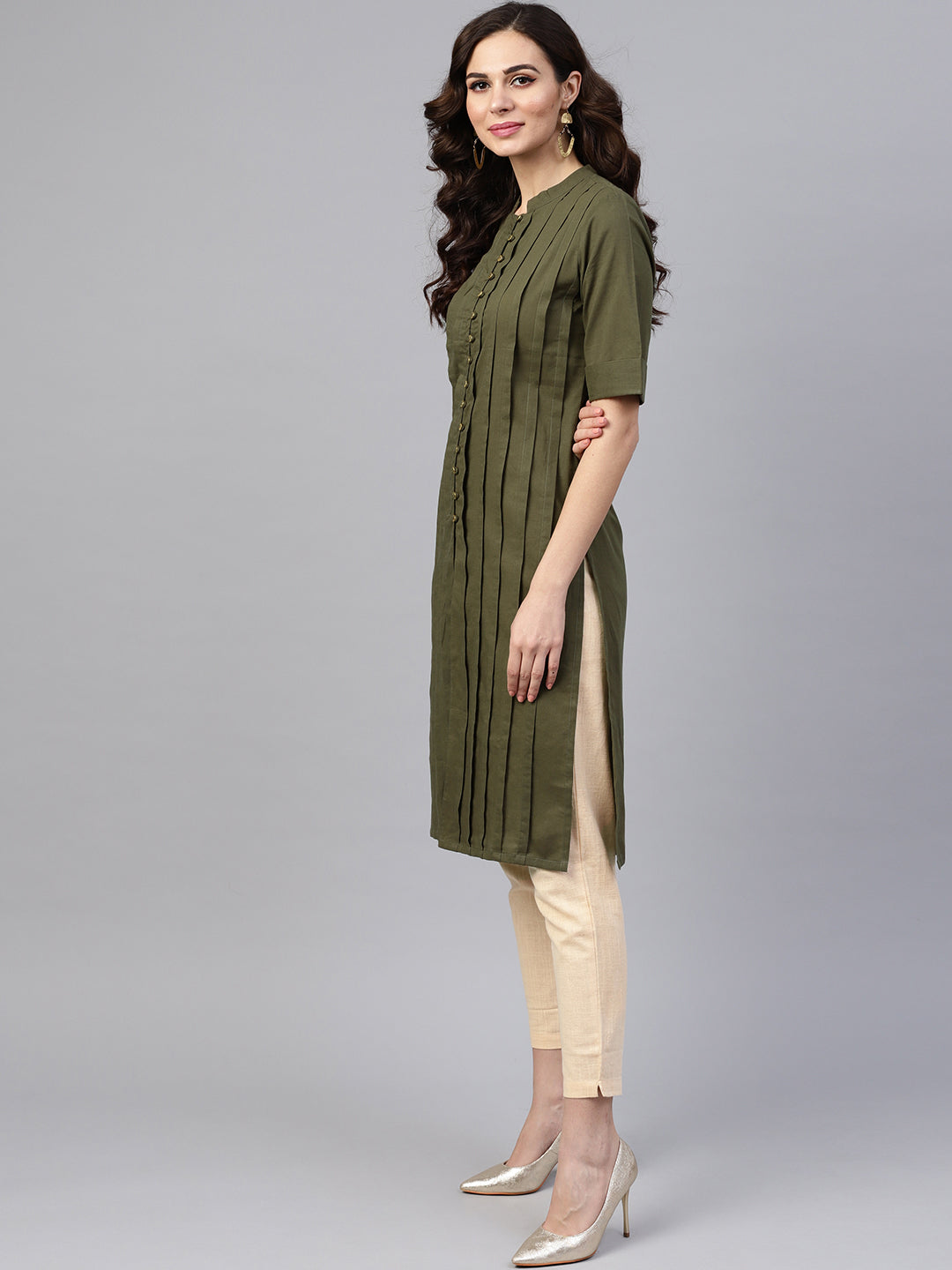 Olive Solid Straight Cotton Kurta