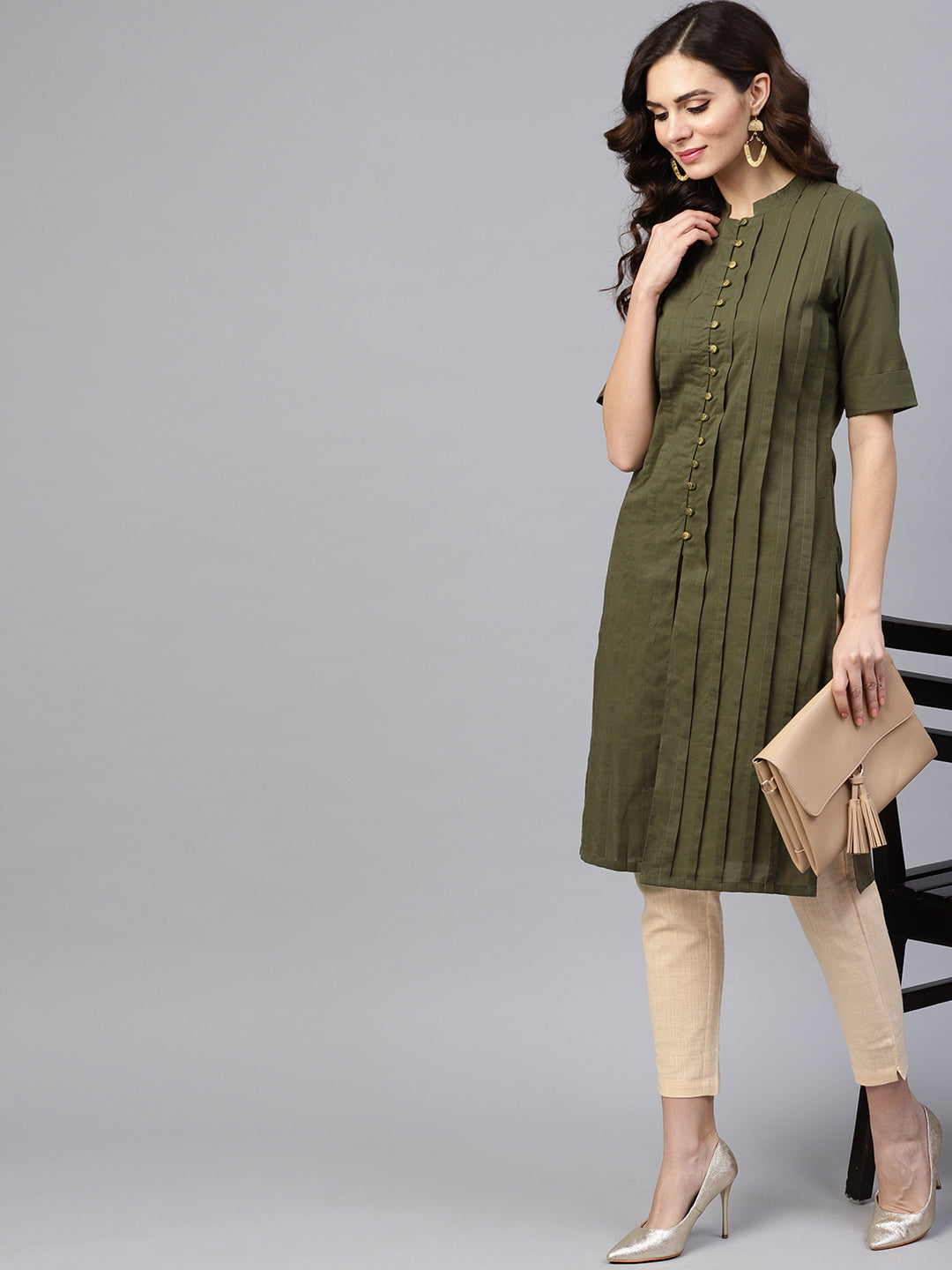 Olive Solid Straight Cotton Kurta