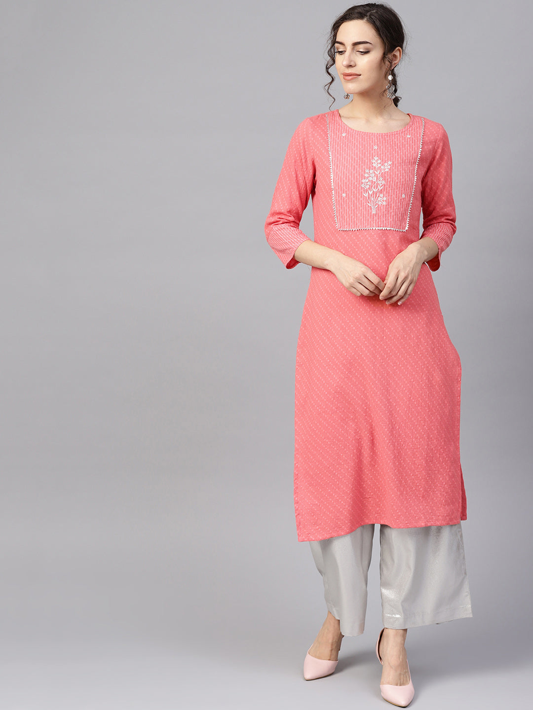 Coral Pink Woven Design Straight Kurta