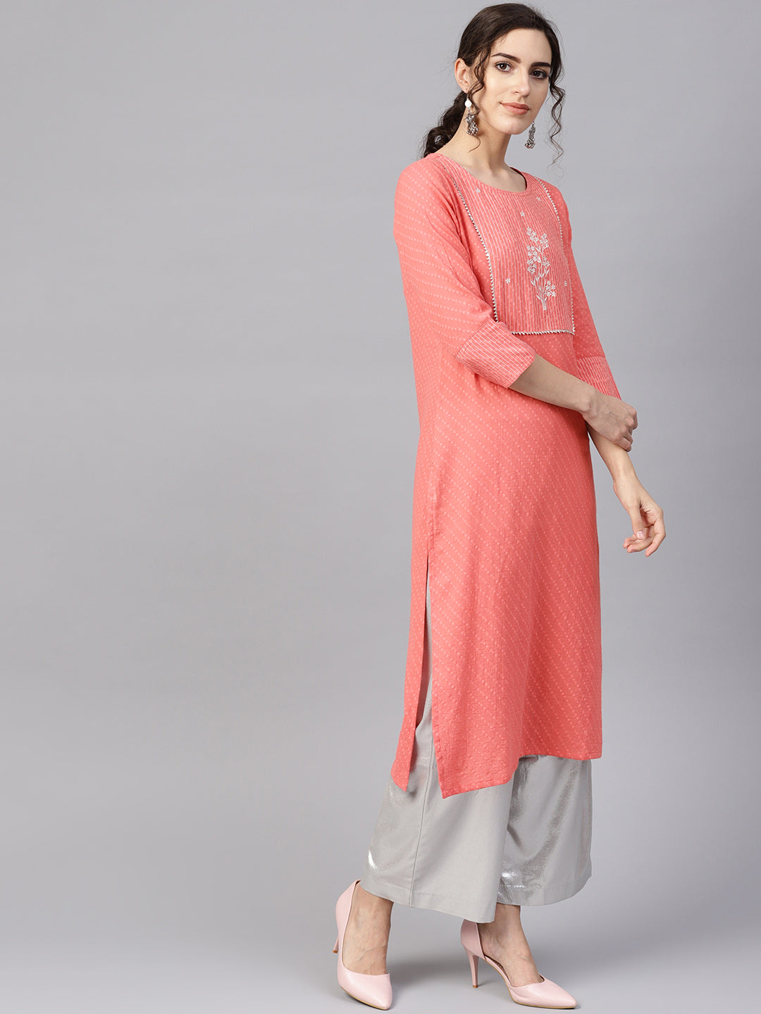 Coral Pink Woven Design Straight Kurta