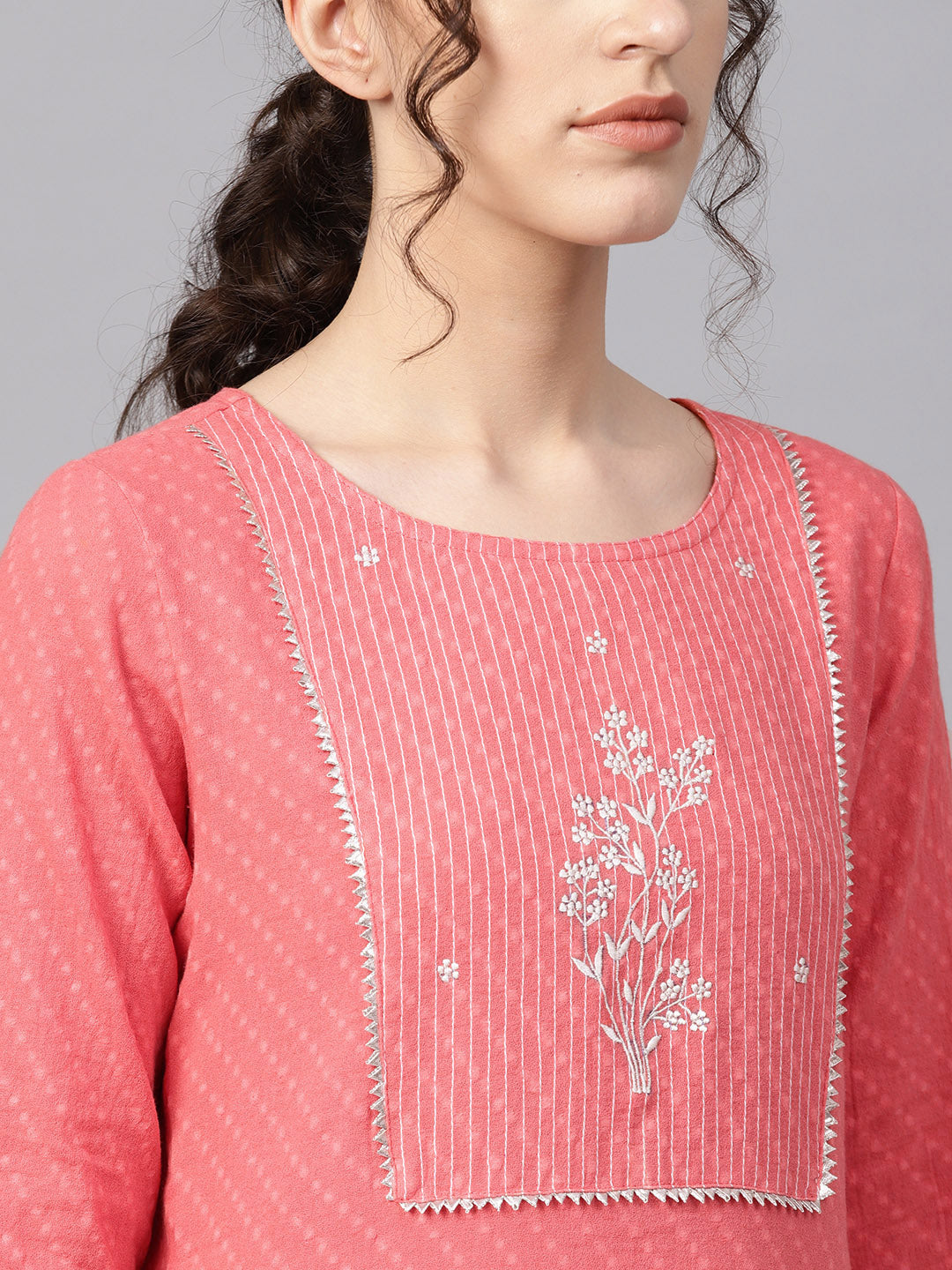 Coral Pink Woven Design Straight Kurta