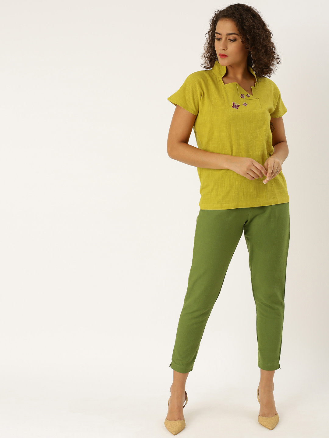Mustard Placement Embroidered Boxy Top