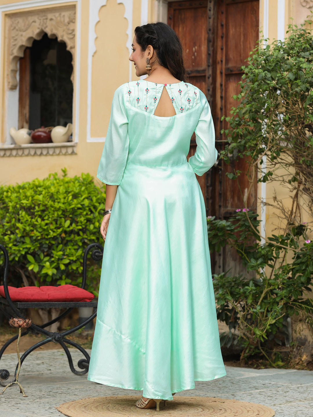 Aqua Crepe Embroidered Flared Dress