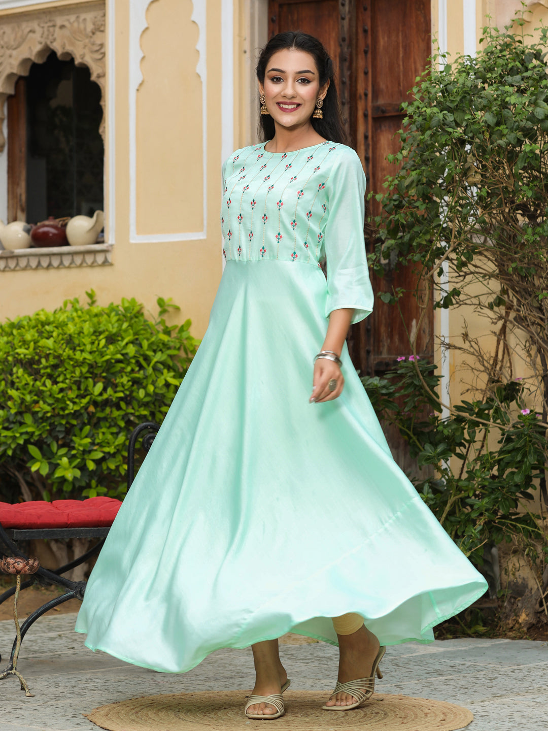 Aqua Crepe Embroidered Flared Dress