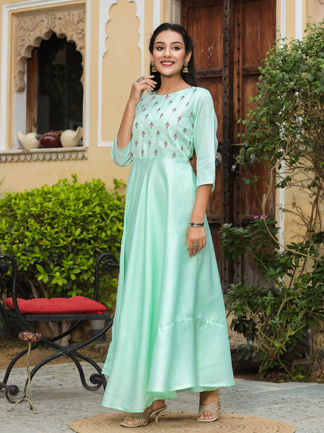 Aqua Crepe Embroidered Flared Dress