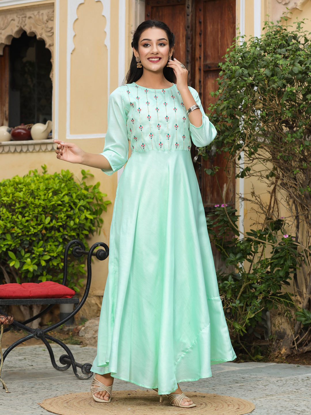 Aqua Crepe Embroidered Flared Dress