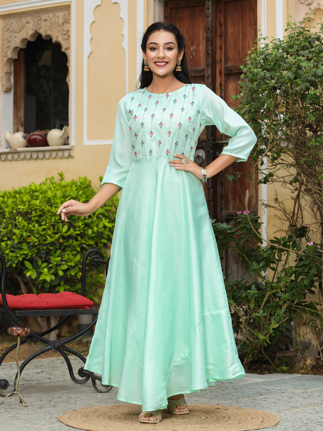 Aqua Crepe Embroidered Flared Dress