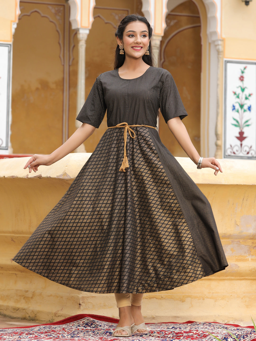 Black Gold Printed Flared Dress