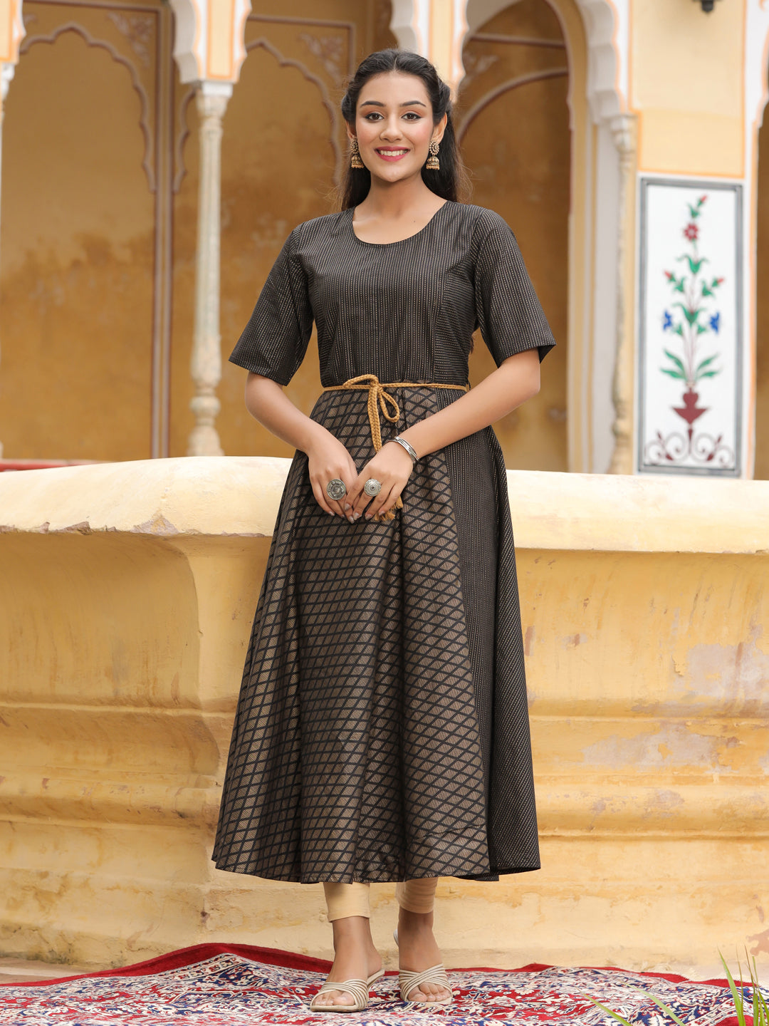 Black Gold Printed Flared Dress