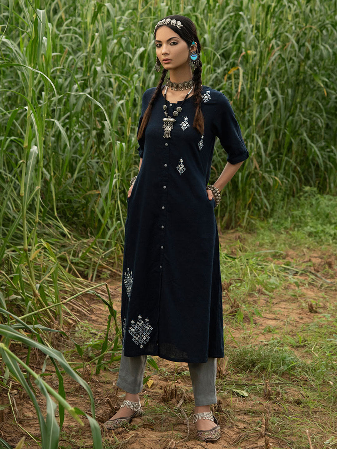 Navy Blue Solid Flared Cotton Blend Kurta