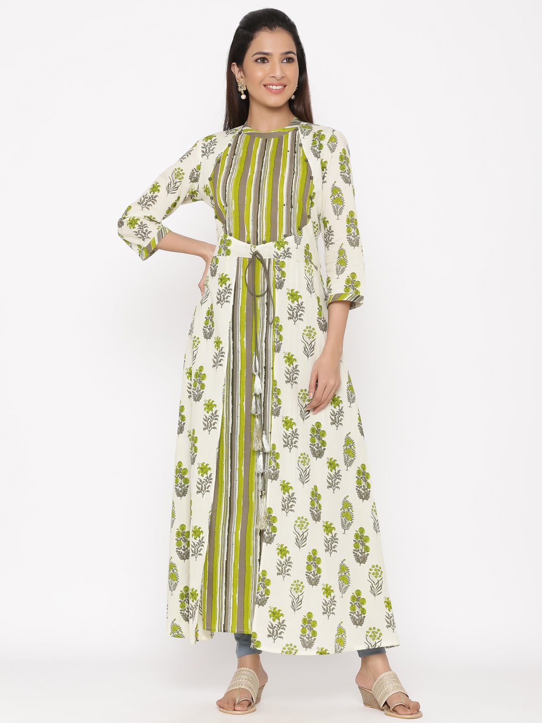 Green Printed Flared Cotton Kurta
