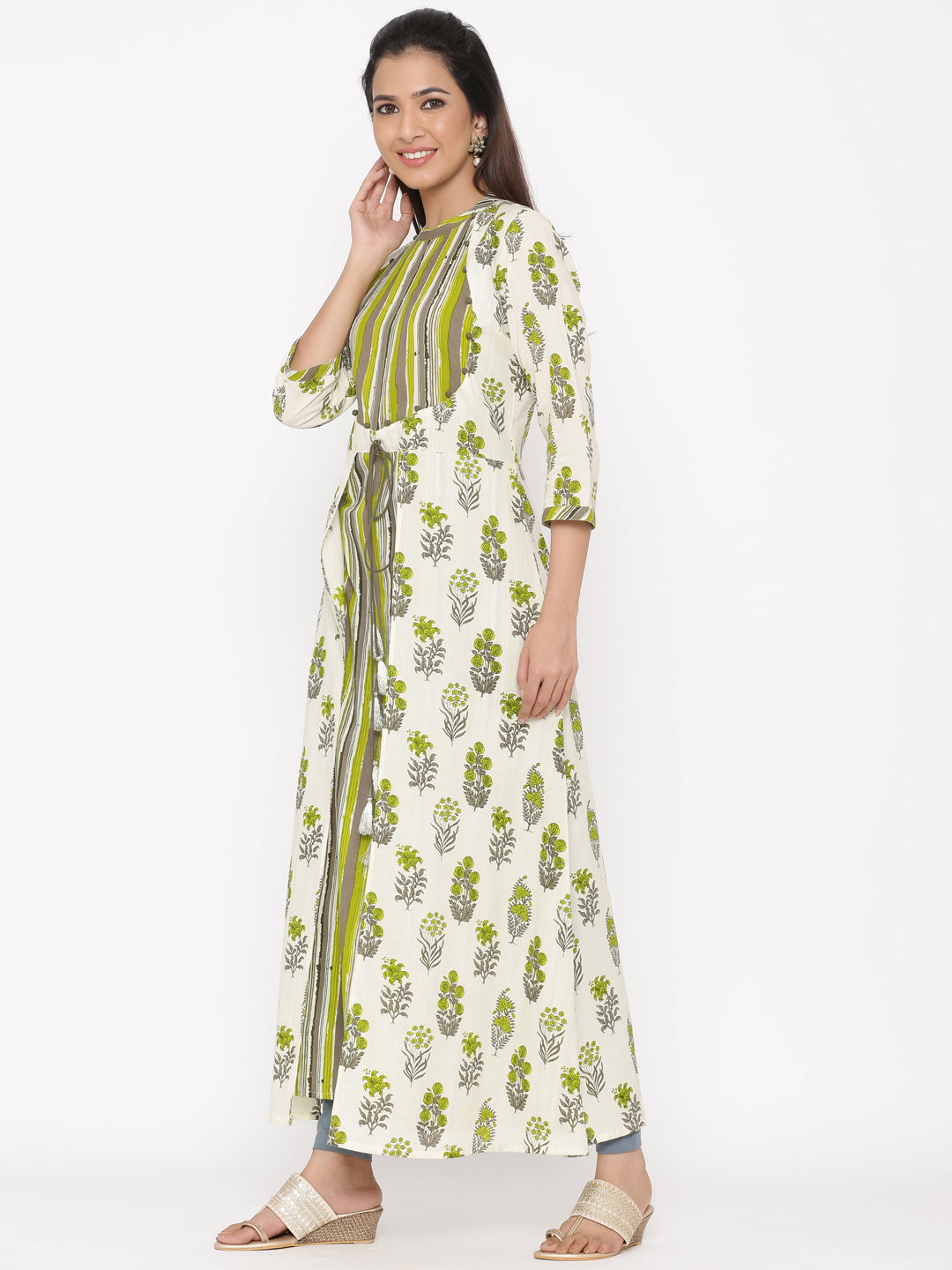 Green Printed Flared Cotton Kurta