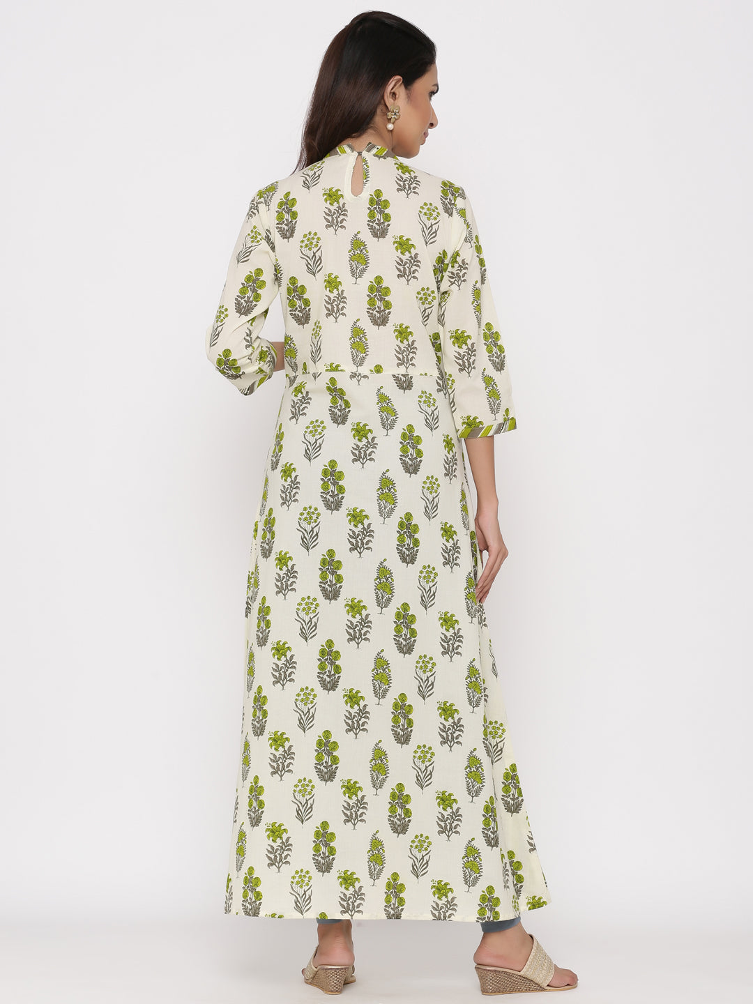 Green Printed Flared Cotton Kurta