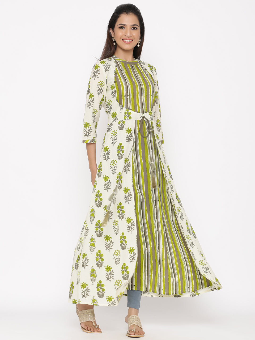 Green Printed Flared Cotton Kurta