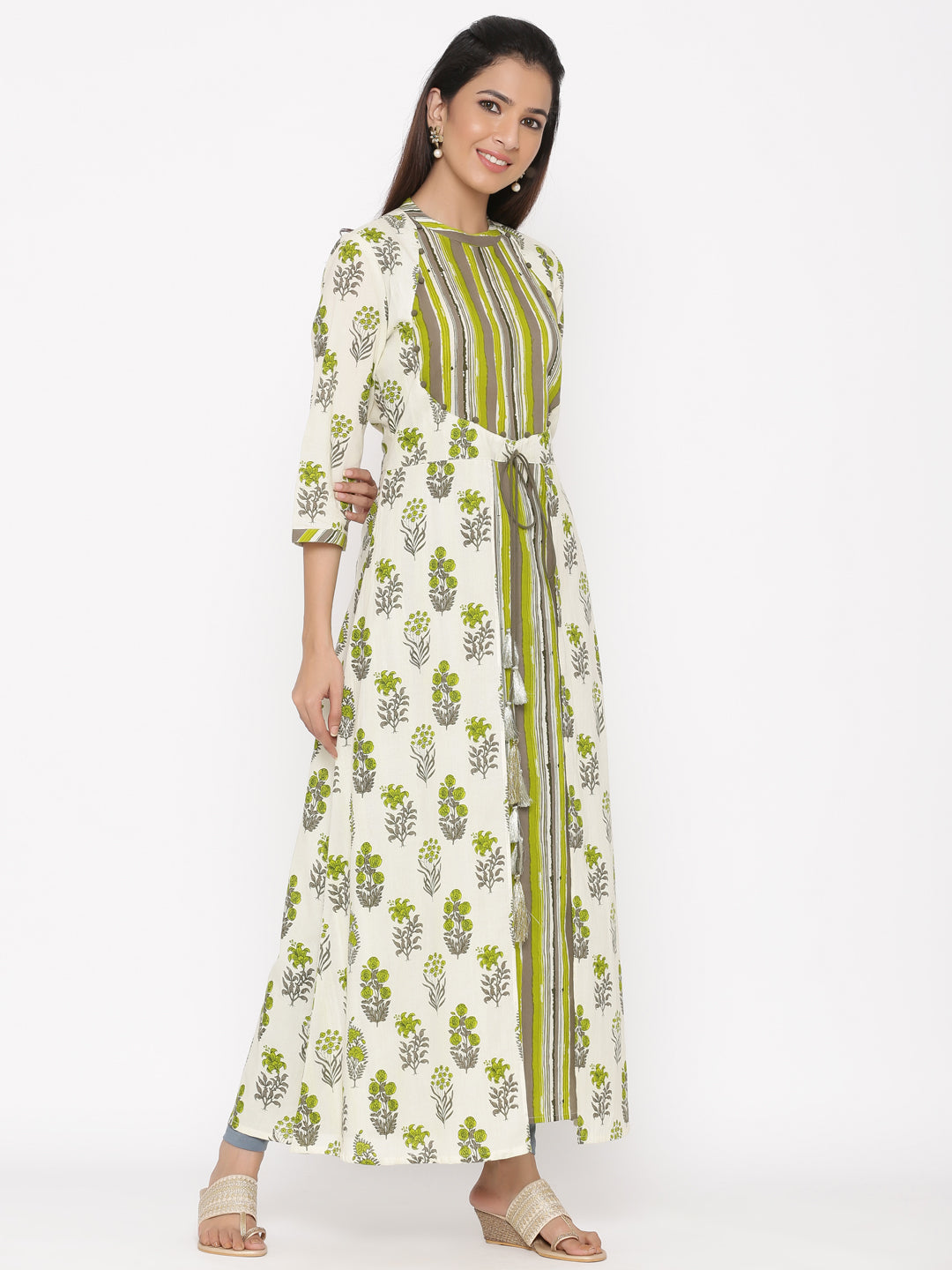 Green Printed Flared Cotton Kurta