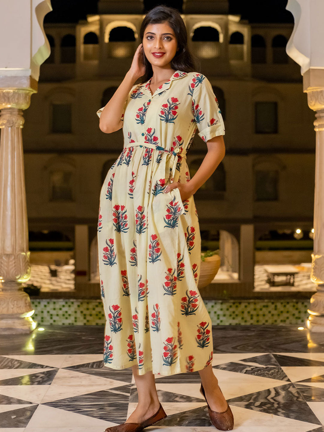 Yellow Printed Flared Dress