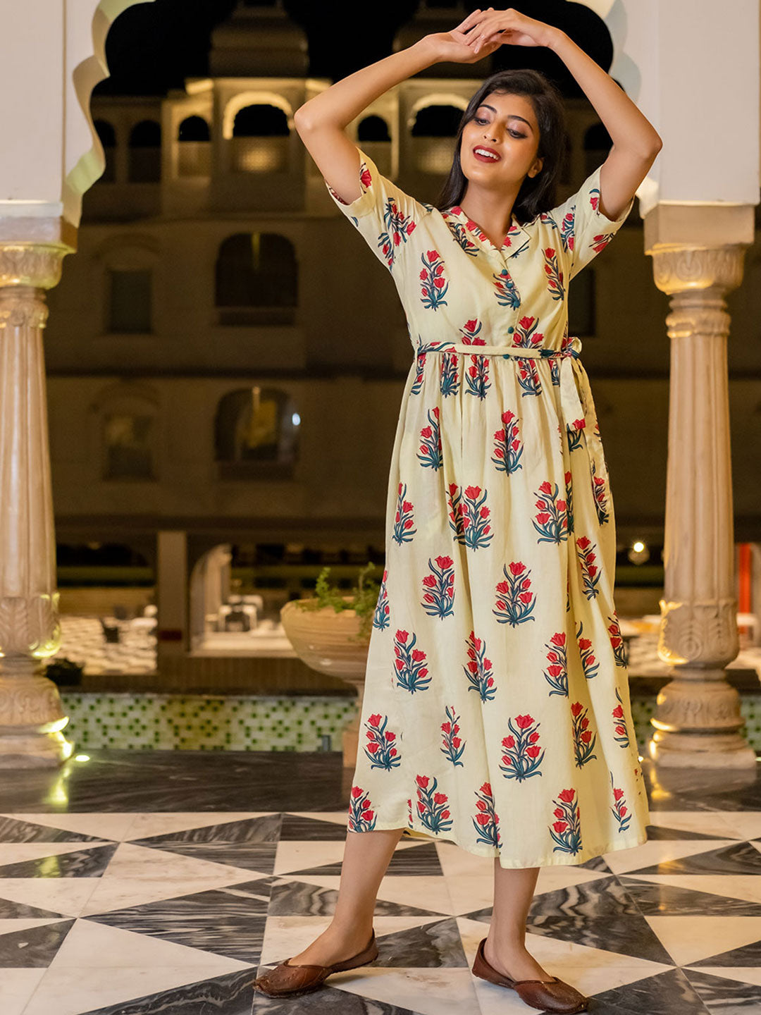 Yellow Printed Flared Dress