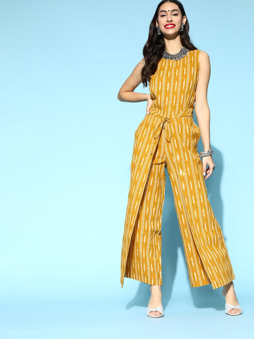 Shop Mustard Ikat Print Cotton Jumsuit