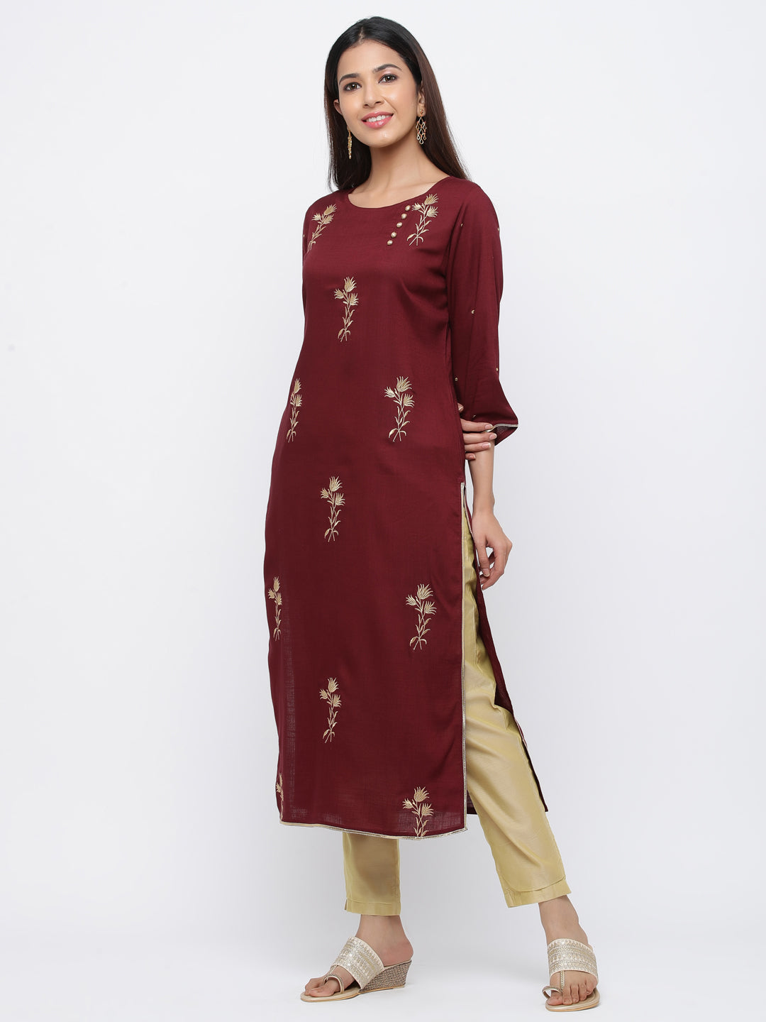 Maroon Solid Straight Viscose Rayon Kurta