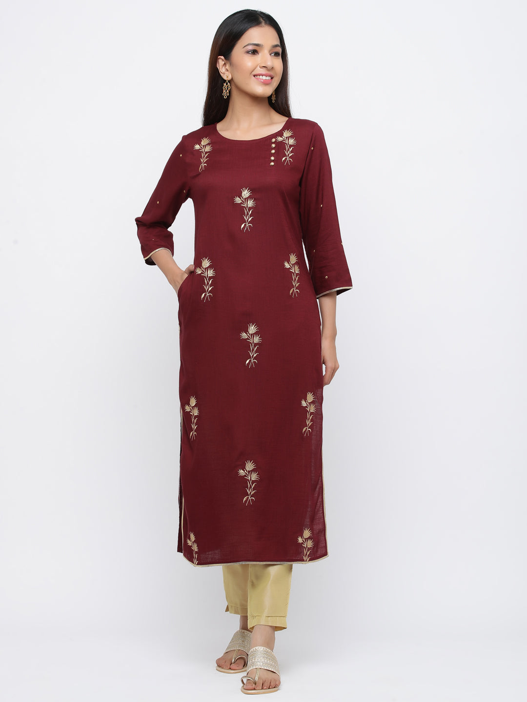 Maroon Solid Straight Viscose Rayon Kurta