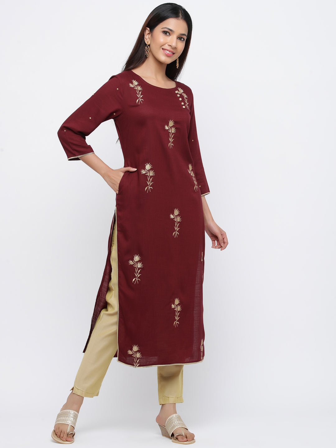 Maroon Solid Straight Viscose Rayon Kurta