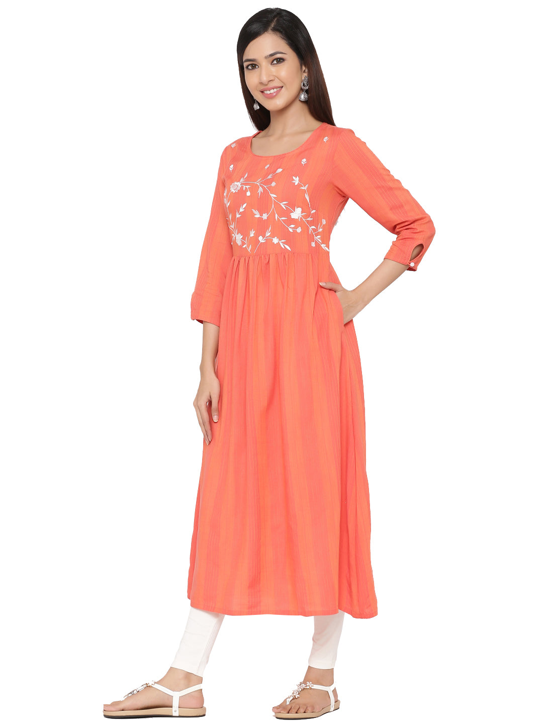 Coral Embroidered A-Line Yarn Dyed Kurta