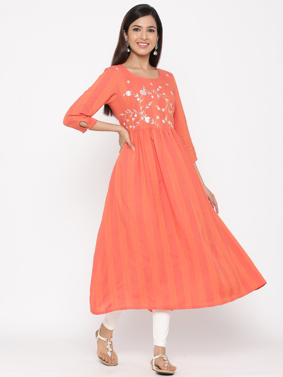 Coral Embroidered A-Line Yarn Dyed Kurta