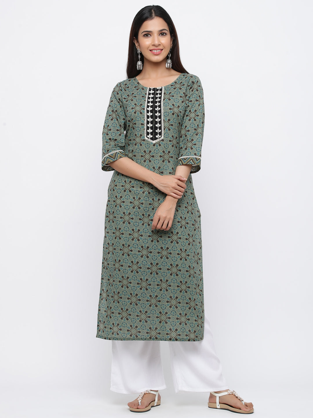 Green Ethnic Motif Straight Cotton Kurta