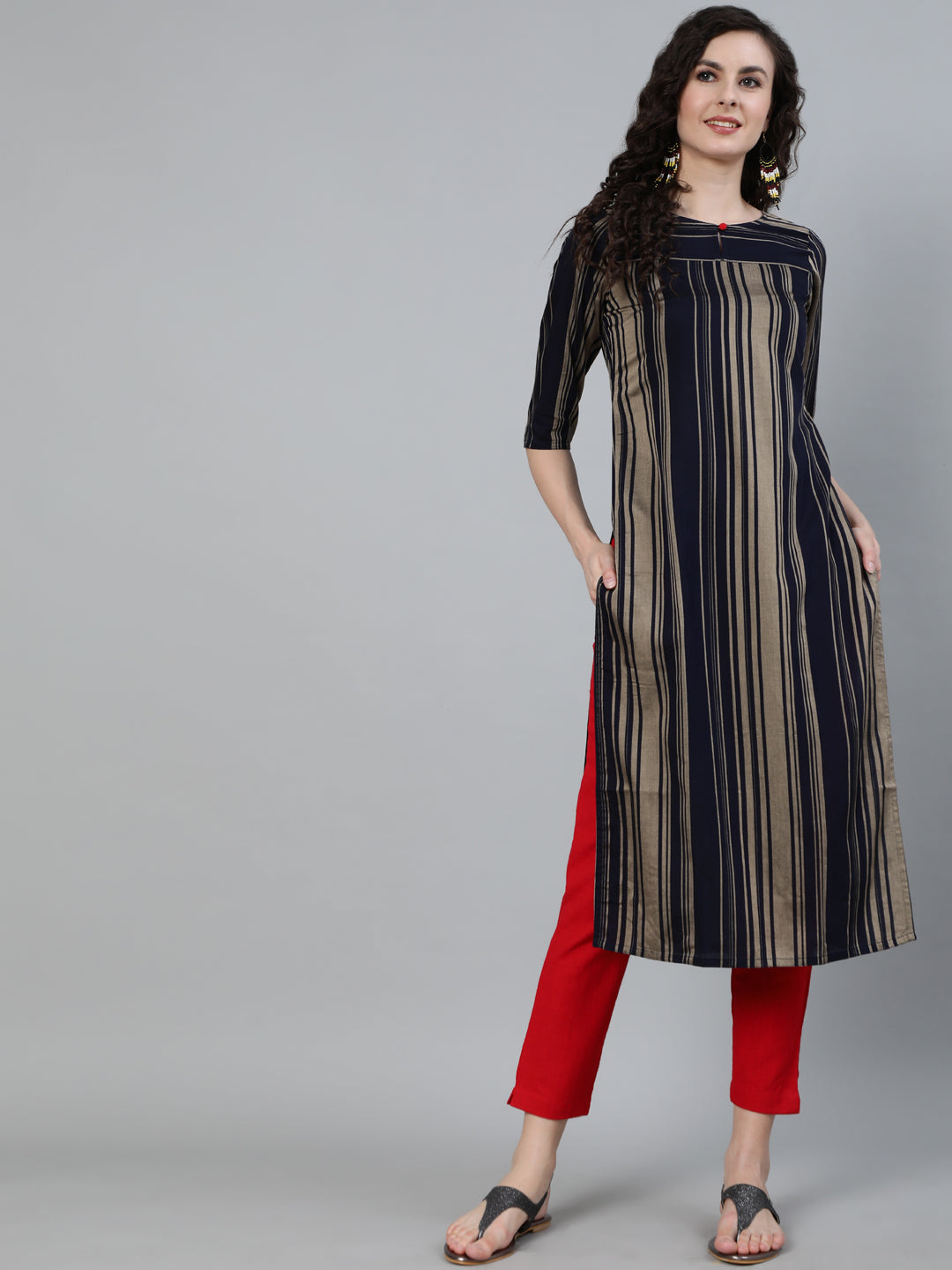 Navy Blue Striped Print Straight Kurta