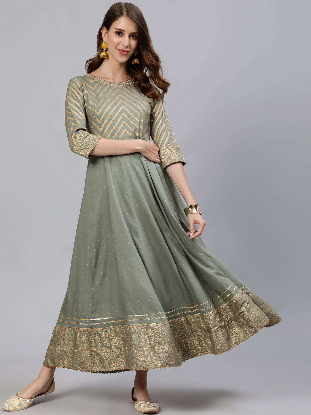 Grey & Golden Ethnic Motifs Print Anarkali Flared Kurta