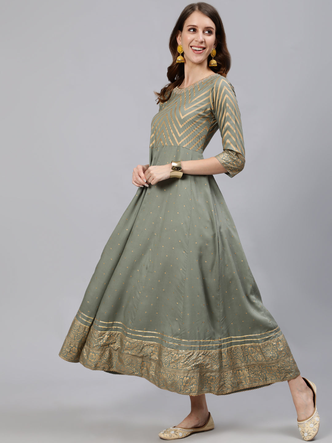 Grey & Golden Ethnic Motifs Print Anarkali Flared Kurta