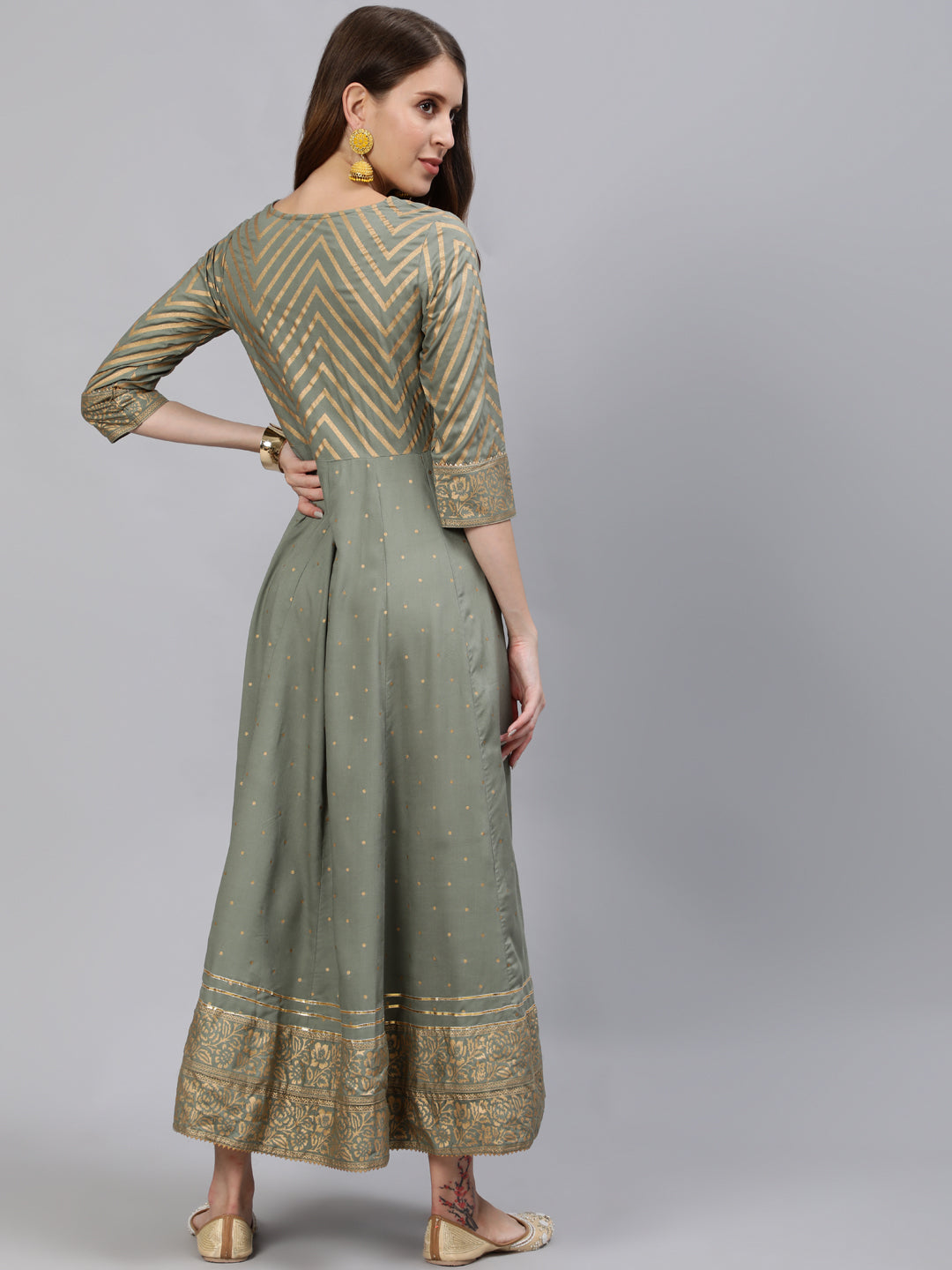 Grey & Golden Ethnic Motifs Print Anarkali Flared Kurta
