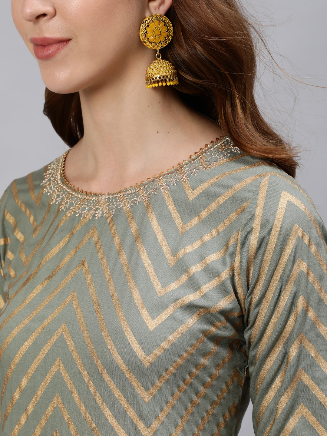 Grey & Golden Ethnic Motifs Print Anarkali Flared Kurta