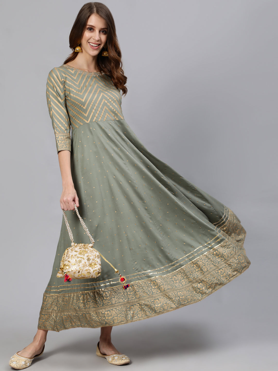 Grey & Golden Ethnic Motifs Print Anarkali Flared Kurta