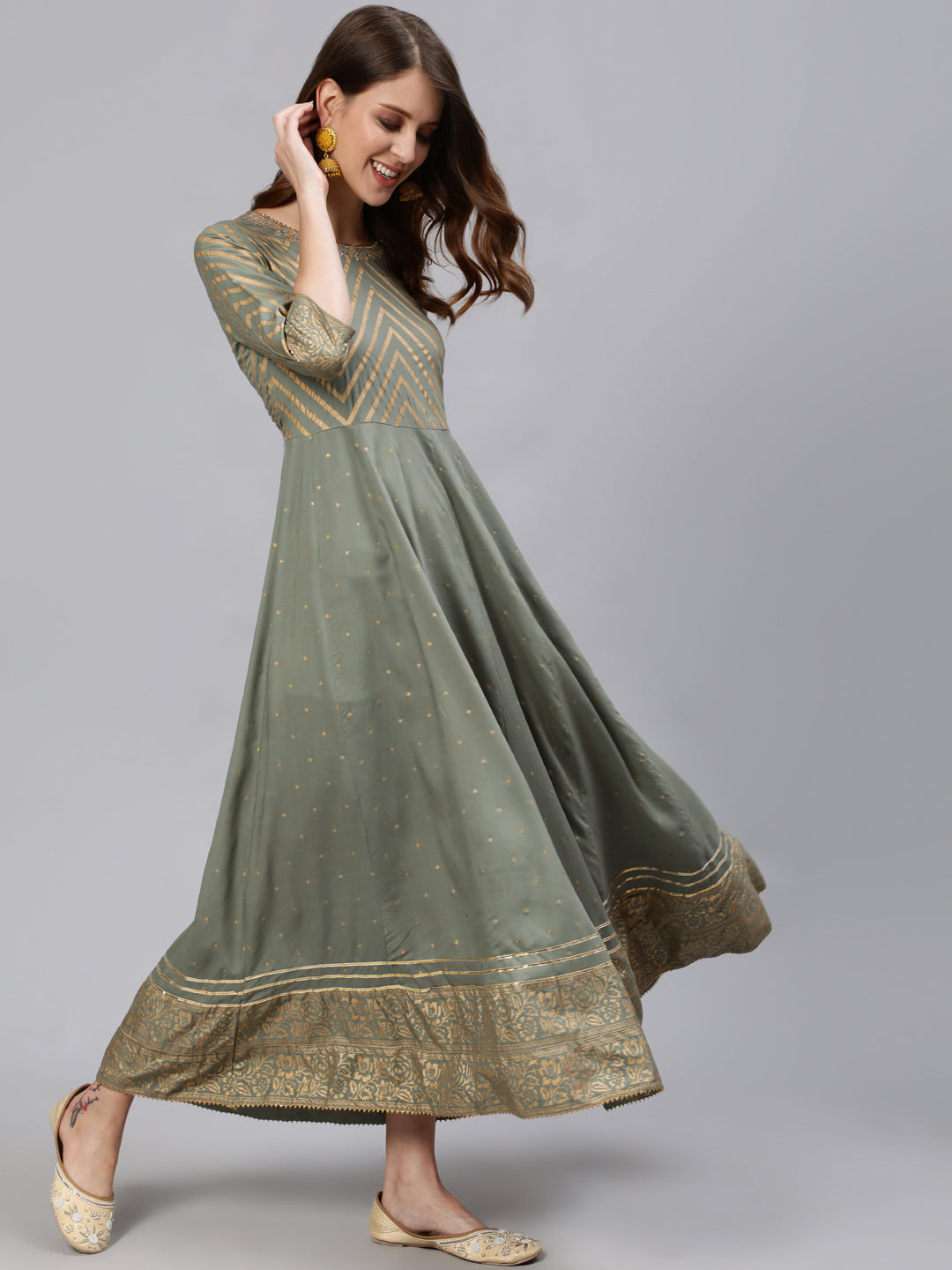 Grey & Golden Ethnic Motifs Print Anarkali Flared Kurta
