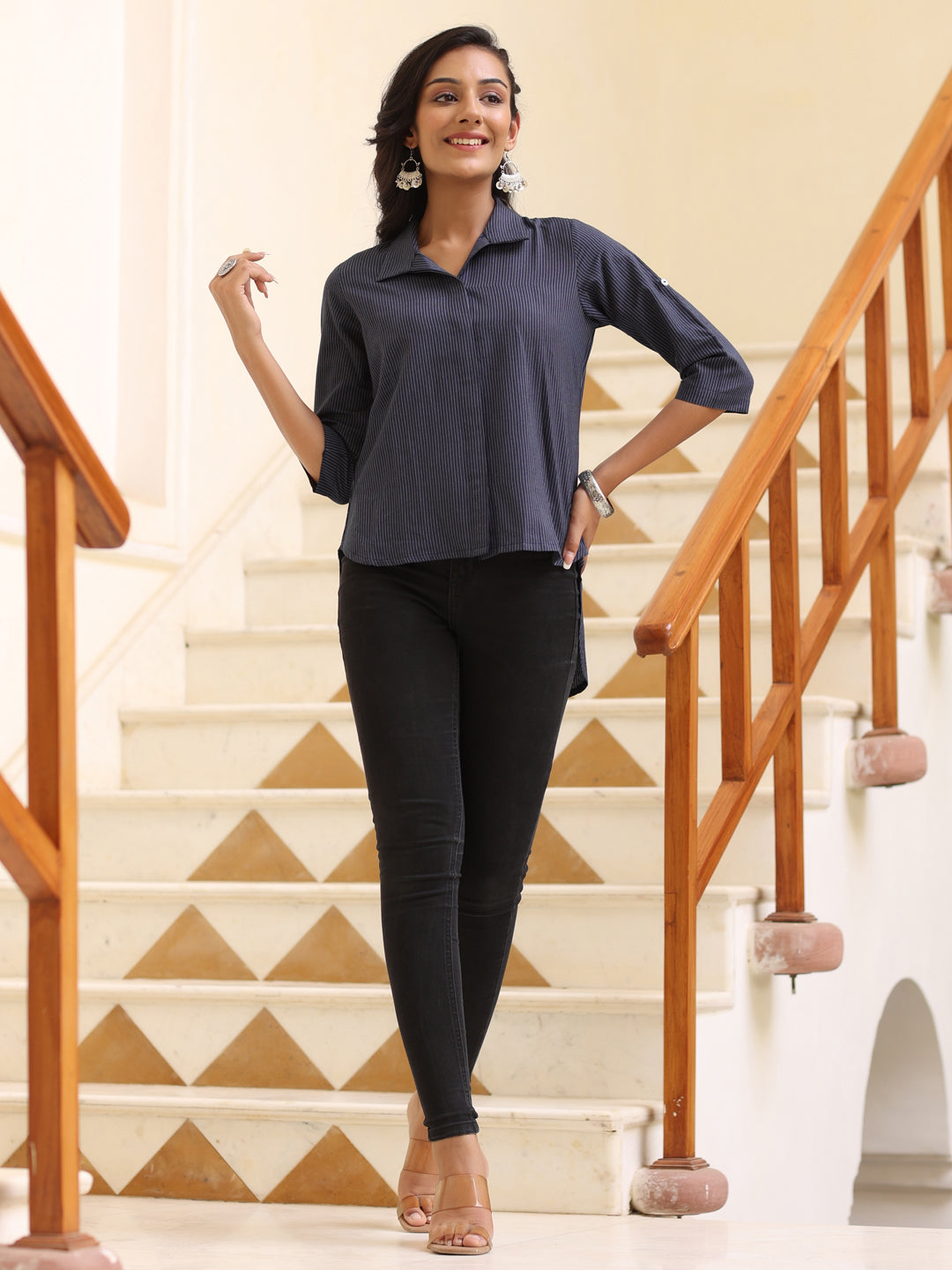 Blue Yarn Dyed Stripes High Low Shirt