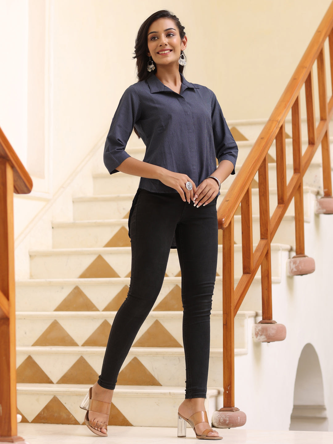 Blue Yarn Dyed Stripes High Low Shirt