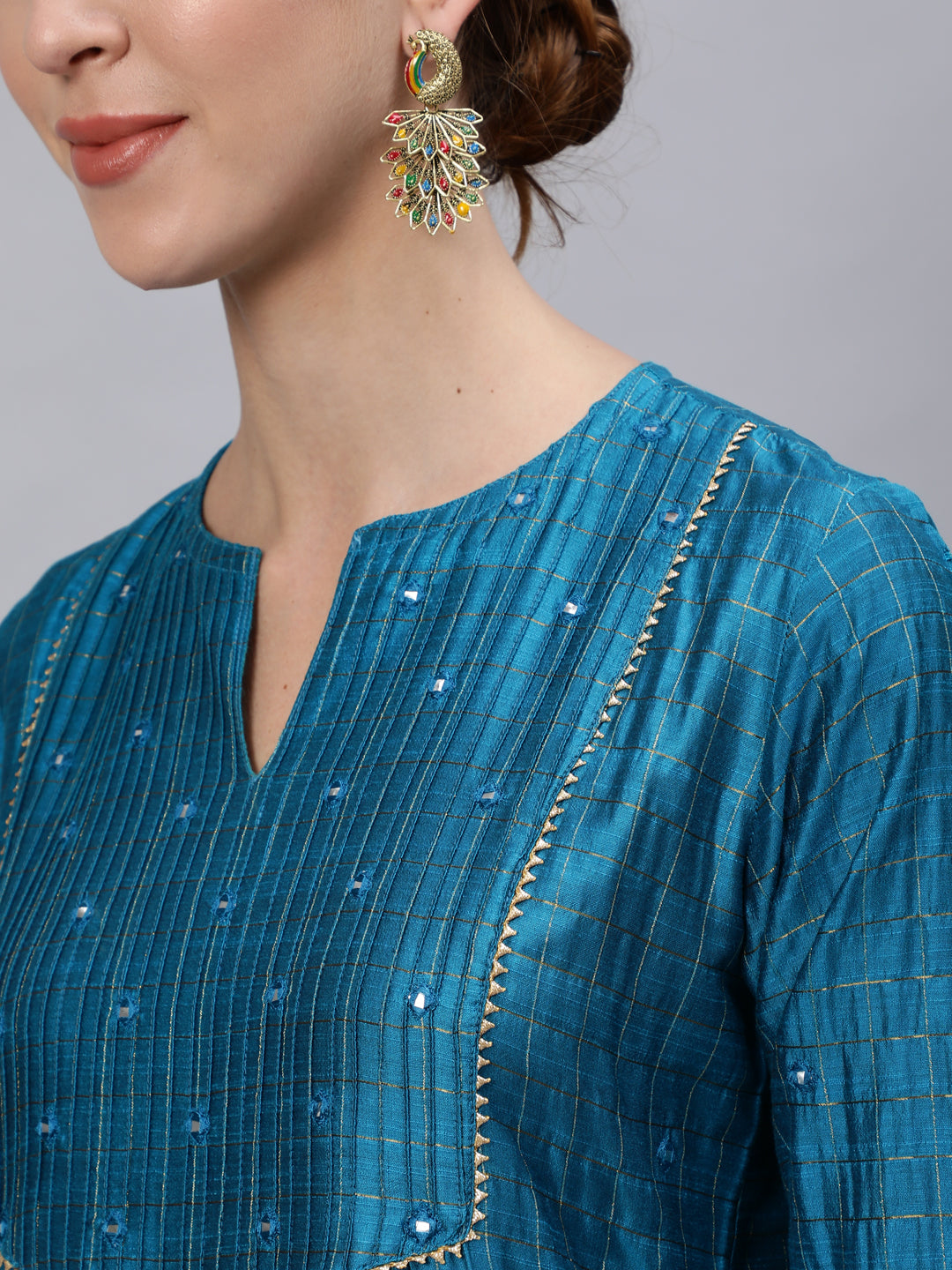 Turquoise Chanderi Checked A-Line Kurta With Embroiered Yoke