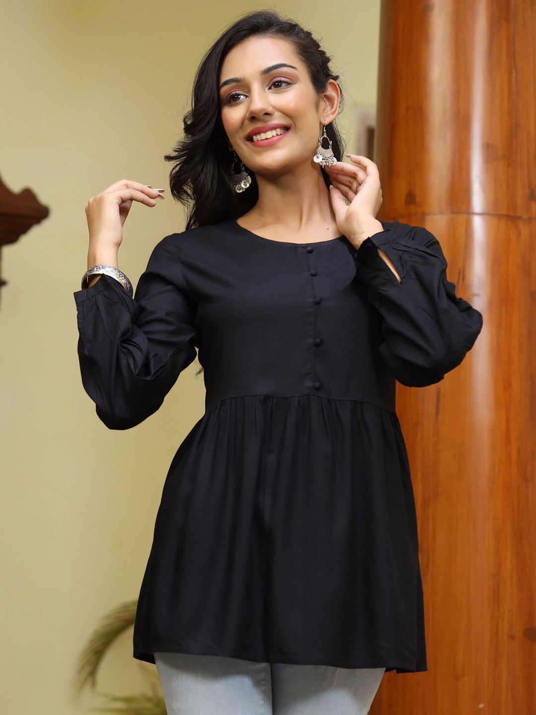 Black Pleated Rayon Top