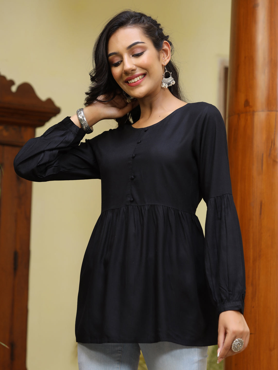 Black Pleated Rayon Top