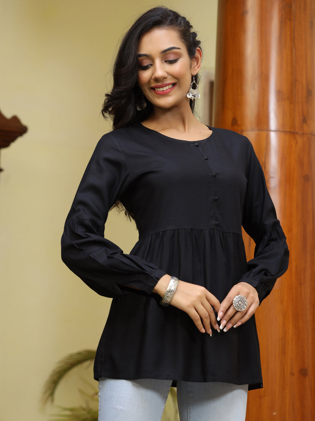 Black Pleated Rayon Top