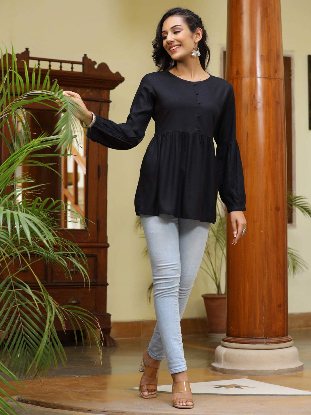Black Pleated Rayon Top