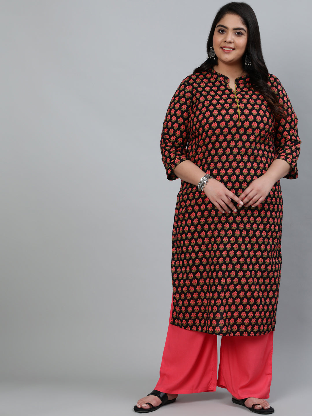 Black Cotton Printed Straight Kurta
