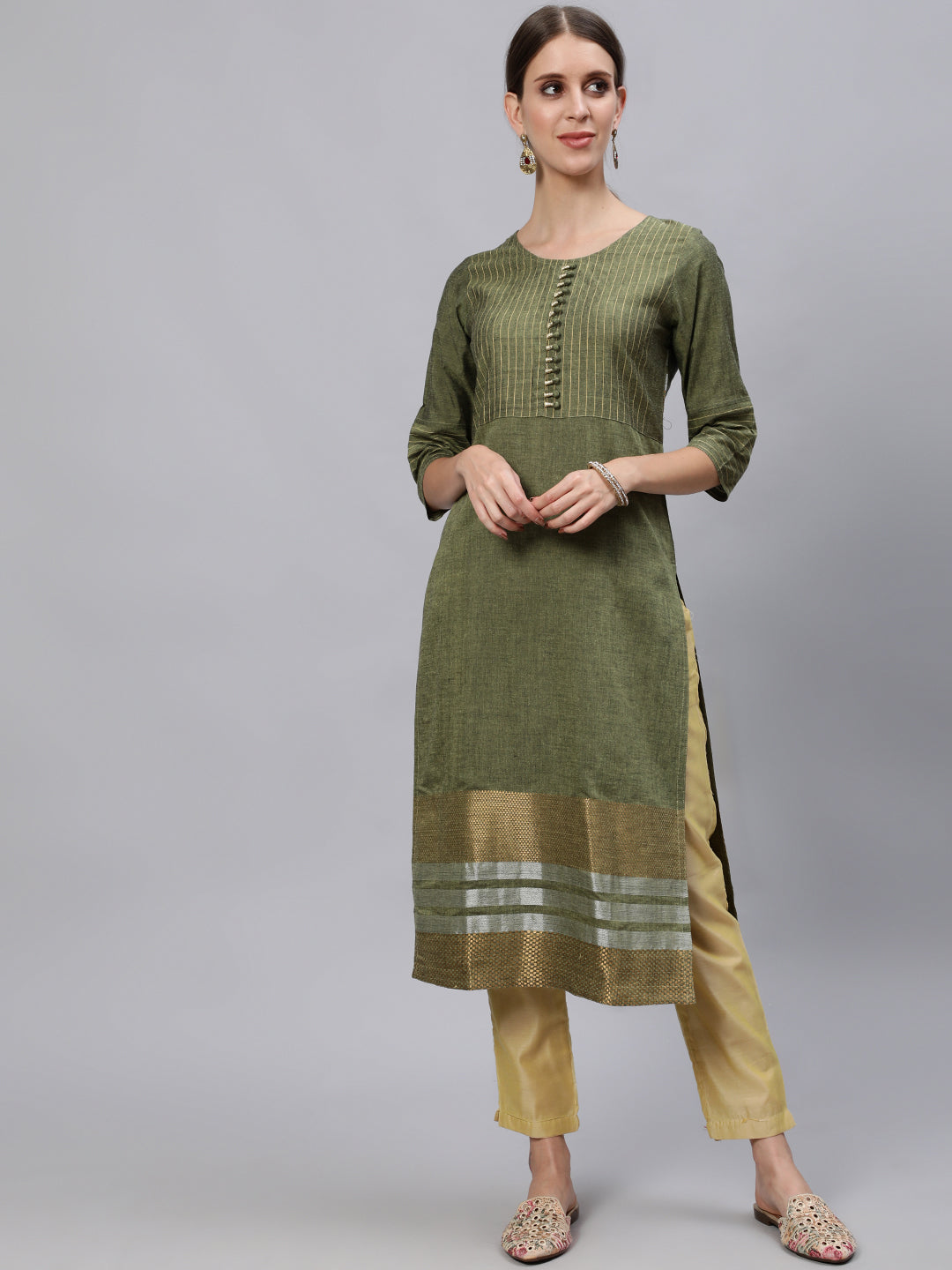 Olive Self Weave Straight Kurta