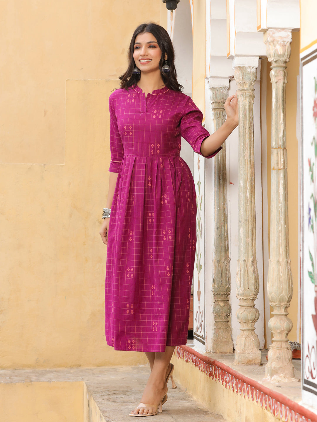 Buy Purple Checks Cotton Flared Dress Online At Jaipur Kurti