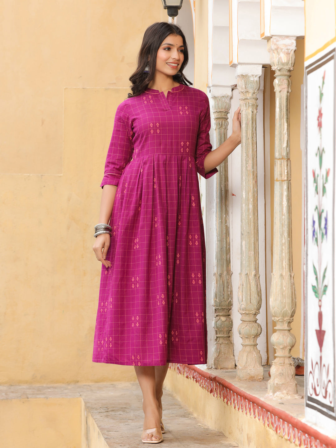 Buy Purple Checks Cotton Flared Dress Online At Jaipur Kurti