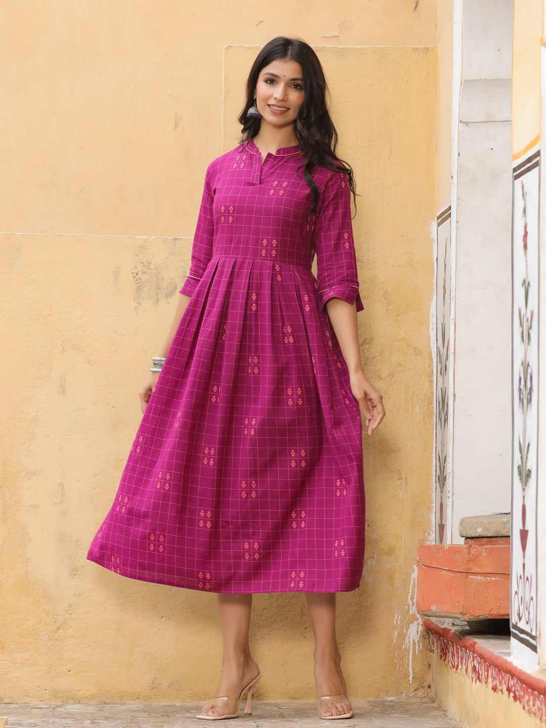 Buy Purple Checks Cotton Flared Dress Online At Jaipur Kurti