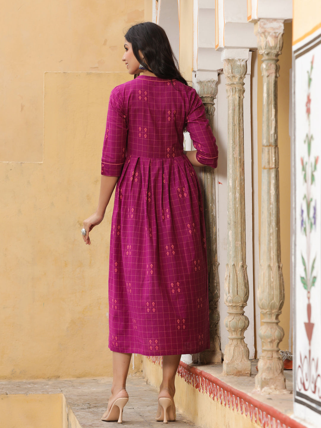 Purple Checks Cotton Flared Dress