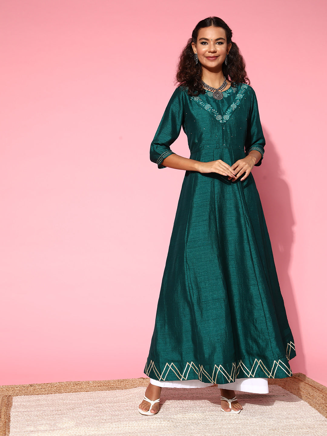 Bottle Green Silk Embroidered Long Anarkali Kurta