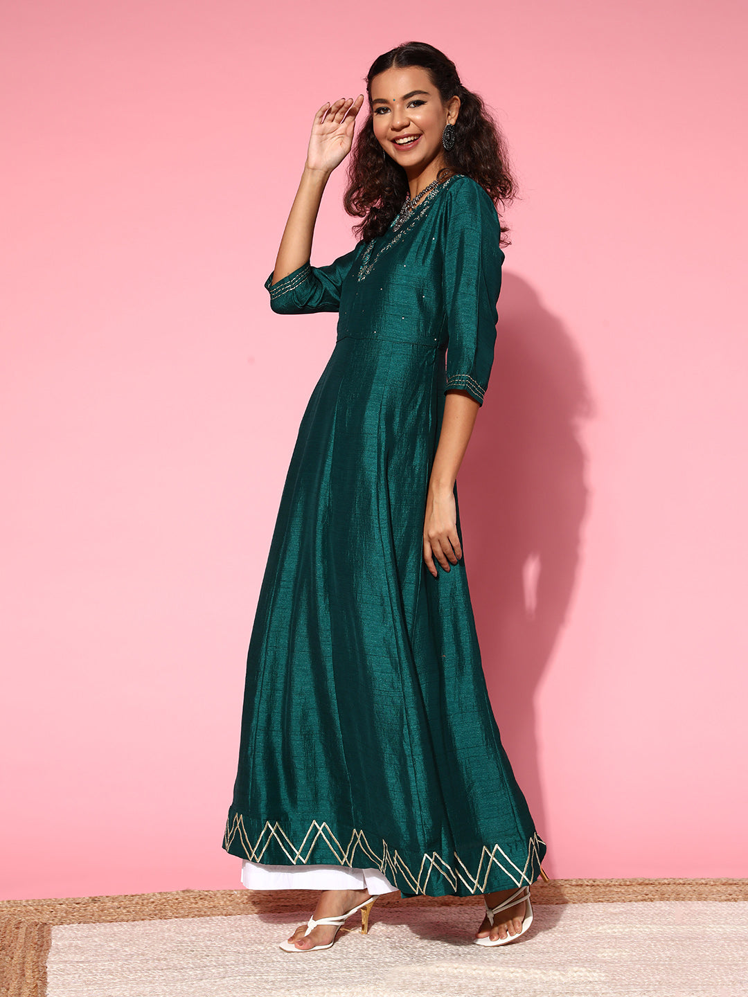 Bottle Green Silk Embroidered Long Anarkali Kurta